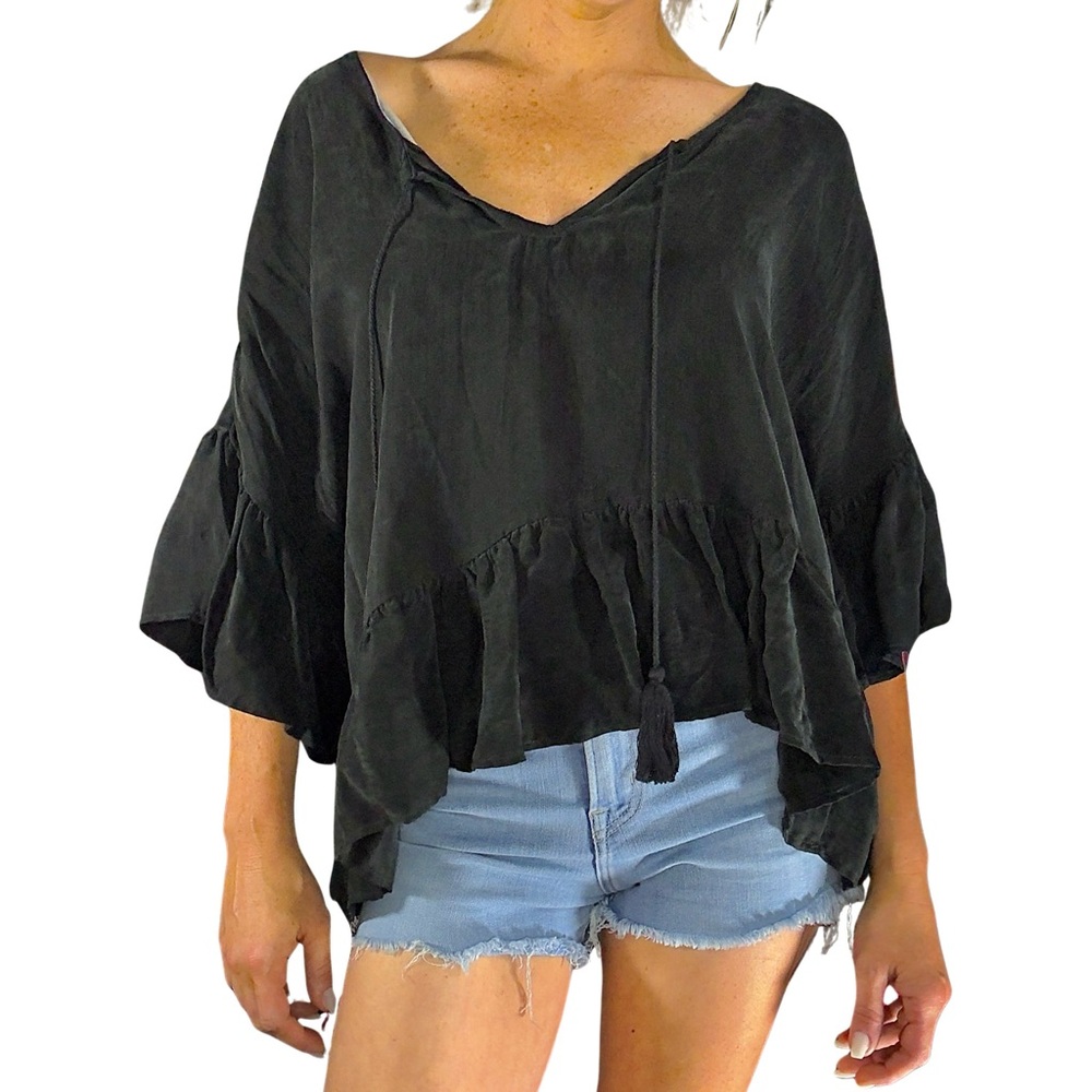 ANTHROPOLOGIE- MAVEN WEST Black Cropped Ruffle Blouse